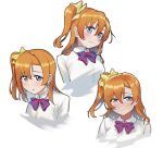  1girl :o blush bow bowtie closed_mouth collared_shirt commentary cropped_shoulders cropped_torso diagonal-striped_bow diagonal-striped_bowtie diagonal-striped_clothes green_eyes hair_bow highres korean_commentary kosaka_honoka light_frown love_live! love_live!_school_idol_project medium_hair multiple_views no_jacket one_side_up open_mouth orange_hair otonokizaka_school_uniform raised_inner_eyebrows red_bow red_bowtie redame school_uniform shirt simple_background smile striped_bow striped_bowtie striped_clothes white_background white_shirt winter_uniform yellow_bow 