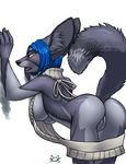  2017 anthro bent_over big_ears blue_hair blush breasts butt canine dipstick_tail female fennec fox fur furball furball_(character) grey_fur hair inner_ear_fluff looking_at_viewer looking_back mammal multicolored_fur multicolored_tail oversized_clothing pussy raised_tail rear_view side_boob simple_background solo two_tone_fur under_boob virgin_killer_sweater white_background yellow_eyes 