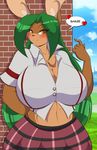  amber_eyes anthro big_breasts blush breasts clothing female green_hair hair huge_breasts kangaroo long_hair mammal marsupial mastergodai olga_(mastergodai) school school_uniform uniform 