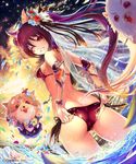  adjusting_clothes adjusting_swimsuit animal_ears armor ass bare_shoulders bikini bracelet cerberus_(shingeki_no_bahamut) commentary_request dog_ears dog_tail fisheye flower from_behind grin hair_flower hair_ornament halo hibiscus highres jewelry long_hair looking_back o-ring o-ring_top one_eye_closed red_armor red_bikini red_hair scan shingeki_no_bahamut shiny shiny_clothes side-tie_bikini smile solo swimsuit tachikawa_mushimaro tail trefoil twintails veil very_long_hair wading water 
