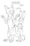  2017 akiric anthro black_and_white bulletproof_vest canine clothed clothing crossdressing dialogue disney dress duo english_text female fox jewelry judy_hopps lagomorph male mammal monochrome necklace nick_wilde police_uniform rabbit shrug simple_background text uniform white_background zootopia 