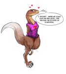  &lt;3 anthro blush breasts claws clothing cute dialogue dinosaur english_text eyelashes female korram raptor shirt simple_background solo speech_bubble talking_to_viewer text theropod toe_claws white_background 
