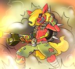  2017 4_fingers abstract_background action_pose anthro black_nose black_sclera blonde_hair chest_tuft cinnamon_swirl clothed clothing crossover cybernetics detonator duckdraw eeveelution fangs female fingerless_gloves flareon flat_chested fur gloves glowing glowing_eyes grenade_belt hair junkrat_(overwatch) leg_wraps machine nintendo open_mouth overwatch pok&eacute;mon pubes ranged_weapon red_eyes red_fur rocket_launcher shorts solo topless tuft video_games weapon wraps 