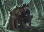  arm_around_shoulders building canine clothed clothing crouching duo front_view fully_clothed glowing glowing_eyes human lindsey_look looking_at_viewer magic_the_gathering male mammal night official_art on_one_knee outside restricted_palette sharp_teeth sitting snarling teeth wolf 