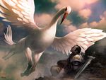  avian beak bird cloud duo flying front_view gryff gryphon heron hippogryph human long_neck lying magic_the_gathering male mammal melee_weapon official_art on_back quadruped reclining signature sky spread_wings svetlin_velinov sword weapon wings 