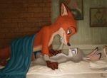  2017 anthro bed bedding blanket brick canine convenient_censorship disney duo eyebrows female fox fur grey_fur hi_res judy_hopps lagomorph long_ears male male/female mammal mrluca multicolored_fur nick_wilde nude painting purple_eyes rabbit size_difference smile zootopia 
