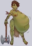  armpits axe belly big_belly bronzebanana brown_eyes brown_hair fangs female green_skin hair humanoid melee_weapon nipple_piercing nipples nude orc piercing post_vore smile vore weapon 