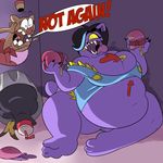  belly big_belly big_breasts breasts burgerpants cat catty cigarette cleavage clothed clothing dialogue eating english_text fangs feline food fur mammal open_mouth overweight partially_clothed purple_fur superspoe text thick_thighs tongue trash undertale video_games weight_gain wide_hips 