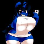  2017 anthro big_breasts black_background black_hair breasts brown_eyes cellphone clothing equine eyebrows eyelashes fan_character female hair horn huge_breasts klodette kloudmutt legwear mammal my_little_pony nipple_bulge phone pose simple_background solo stockings sweater teeth thick_thighs unicorn virgin_killer_sweater voluptuous wide_hips 