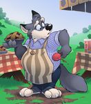  2016 3_toes anthro apron barefoot biped black_eyes black_fur black_nose blue_bottomwear blue_clothing blue_topwear canine claws clothed clothing day dessert detailed_background digital_media_(artwork) eyebrows food front_view full-length_portrait fully_clothed fur grass grey_fur grey_tail head_tuft hill holding_object ice_cream looking_down male mammal multicolored_fur open_mouth outside overweight overweight_male pants pie plantigrade portrait raccoondrew shirt signature sky snout solo standing table teaselbone_(character) toe_claws toes white_claws white_fur wolf 
