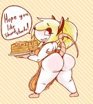  anthro apron barefoot big_butt breasts butt clothing english_text female food fu-do grin looking_back mammal mouse naked_apron pancake plate raised_tail rodent short_stack smile solo speech_bubble text 