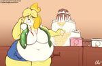  animal_crossing belly big_belly big_breasts breasts cake canine clothed clothing dog eating female food fur isabelle_(animal_crossing) mammal nekocrispy nintendo overweight skimpy stomach_noises thick_thighs video_games weight_gain wide_hips yellow_fur 