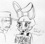  &lt;3 2015 ? animatronic anthro black_and_white buckteeth clothing dialogue drawing duo english_text eyewear five_nights_at_freddy&#039;s five_nights_at_freddy&#039;s_2 glasses hat holding_object human inkyfrog lagomorph machine male mammal monochrome open_mouth open_smile rabbit robot security_guard simple_background smile sparkle teeth text toy_bonnie_(fnaf) traditional_media_(artwork) uniform video_games white_background 