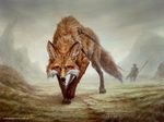  canine duo feral filip_burburan fox front_view holding_object holding_weapon human leash looking_at_viewer magic_the_gathering mammal mist official_art outside quadruped solo_focus walking weapon 