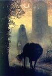  ambiguous_gender black_fur building cane canine clothing creepy eclipse feral fire fur humanoid mammal monster moon nightmare_fuel not_furry outside painting sky surreal traditional_media_(artwork) unknown_species wolf zdzisław_beksiński 