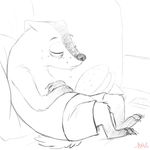  anthro badger boreoboros clothed clothing controller disney drooling eyes_closed hat hi_res lying mammal monochrome mustelid pack_street partially_clothed remote_control saliva sleeping sofa solo t_rex_(weaver) topless zootopia 