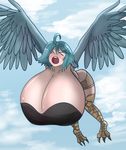  avian big_breasts blue_hair blueberry-shortcake blush breasts cleavage clothed clothing feathers hair harpy humanoid monster_musume open_mouth papi partially_clothed short_hair wings 