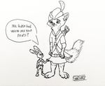  2017 anthro arrow belt bow canine clothed clothing dialogue duo english_text famished fox fur hat humor lagomorph larger_anthro larger_male male mammal monochrome rabbit robin_hood shirt simple_background size_difference smaller_anthro text weapon white_background 