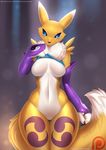  2017 ? anthro breasts bridal_gauntlets claws clothed clothing clothing_lift digimon dipstick_tail doomthewolf facial_markings featureless_breasts female fur markings multicolored_tail navel neck_tuft patreon renamon shirt shirt_lift solo tattoo tuft yellow_fur 