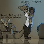  bowling_ball bulge canine clothed clothing crossed_legs dialogue disney duo fennec finnick fox fur hi_res letodoesart looking_back mammal necktie nick_wilde pants shirt sitting size_difference standing text zootopia 