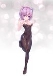  :o absurdres alternate_costume animal_ears bare_arms bare_shoulders black_legwear black_leotard blush bow bowtie breasts cat_ears claw_pose cleavage closed_mouth covered_navel detached_collar eyebrows_visible_through_hair eyes_visible_through_hair fate/grand_order fate_(series) full_body gradient gradient_background hair_over_one_eye highres kittysuit knees_together_feet_apart leg_up leotard mash_kyrielight medium_breasts nipples one_breast_out pantyhose pink_bow pink_neckwear purple_eyes shiny shiny_clothes shiny_hair shiny_skin smile solo standing standing_on_one_leg strapless strapless_leotard twiska_(doubitian) v-shaped_eyebrows 