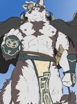  2017 abs bulge canine chest_tuft clothing coat horkeukamui loincloth looking_at_viewer mammal nipples pecs tokyo_afterschool_summoners tuft wolf yellow_eyes zerofox1000 