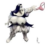  2017 anthro balls biceps big_breasts black_nipples blush breasts canine clothing dickgirl flaccid intersex mammal mostly_nude muscular muscular_intersex nipples nun open_mouth panties penis simple_background solo teeth torn_clothing underwear were werewolf white_background wolf zorrojugador 