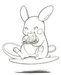  alolan_raichu ambiguous_gender black_and_white eating floating food mon311 monochrome nintendo pancake plate pok&eacute;mon regional_variant sitting solo video_games 