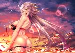  ass bikini bikini_pull black_bikini breasts cloud commentary_request evening fate/grand_order fate_(series) from_behind highres jeanne_d'arc_(alter_swimsuit_berserker) jeanne_d'arc_(fate)_(all) large_breasts lens_flare long_hair looking_at_viewer looking_back nakamura_tenjin o-ring o-ring_bottom orange_sky outdoors sharp_teeth shiny shiny_hair shiny_skin sky solo standing sunset swimsuit teeth tongue tongue_out undressing wading water wet white_hair yellow_eyes 