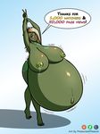  armpits belly big_belly big_breasts blonde_hair blush breasts dialogue ear_piercing english_text green_skin hair humanoid hyper hyper_belly inflation lactating navel orc piercing pressurizedpleasure slosh stretching text 