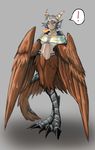  ! 2017 amber_eyes avian bottomless breasts brown_feathers clothed clothing digital_media_(artwork) feathered_wings feathers female fire grey_background grey_hair hair harpy horn humanoid looking_at_viewer midriff monster_girl_(genre) navel pointy_ears shawl side_boob simple_background solo speech_bubble standing talons wings ｱﾄﾞﾚﾅﾘﾝﾊﾞｽﾀｰ 