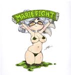  armpits big_breasts bikini blush breasts cleavage clothed clothing ear_piercing english_text female gloves humanoid inkling looking_at_viewer marie_(splatoon) micro_bikini nintendo pawtsun piercing pointy_ears sigh slightly_chubby solo splatoon swimsuit text video_games wet yuta_agc 