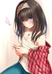  absurdres bare_shoulders black_hair blue_eyes blush breasts go-1 hairband heart highres idolmaster idolmaster_cinderella_girls jewelry knitting large_breasts long_hair necklace off-shoulder_sweater pendant plaid ribbed_sweater sagisawa_fumika shawl sketch solo sweater 