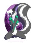  2016 abstract_background anthro areola barefoot big_tail biped black_fur black_nipples black_nose black_tail bottomless breasts clitoris clothed clothing digital_media_(artwork) eyebrows female front_view full-length_portrait fur green_clothing green_topwear grey_eyes hair hi_res kneeling long_tail looking_at_viewer mammal multicolored_fur multicolored_tail nipples open_mouth portrait pussy shirt short_hair shy silvixen skunk snout solo t-shirt two_tone_fur two_tone_tail watermark white_fur white_hair white_tail 