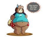  animal_crossing belly big_belly brown_fur canine clothing dialogue digby_(animal_crossing) dog freckles fur long_ears mammal moobs nintendo overweight sweat text video_games vorishvagabond weight_gain 