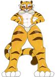  anthro blush breasts clothed clothing dreamworks feline female kung_fu_panda looking_at_viewer low-angle_view mammal master_tigress simple_background smile solo standing stripes tiger 