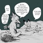  anthro bed canine condom dialogue dipstick_ears dipstick_tail disney duo female fox fur half-closed_eyes hi_res judy_hopps lagomorph looking_down male mammal monochrome multicolored_tail nick_wilde nude pillow rabbit size_difference speech_bubble text unknown_artist zootopia 