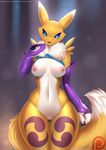  2017 ? anthro breasts claws clothed clothing clothing_lift digimon doomthewolf female fur nipples pussy renamon shirt shirt_lift solo tattoo yellow_fur 