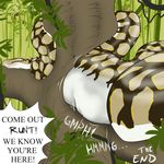  ! ... 2017 ambiguous_gender brown_scales comic detailed_background digital_media_(artwork) end_page english_text feral jungle multicolored_scales orange_eyes outside post_vore reptile scales scalie signature snake tan_scales text the_end tree unseen_character vellum vines vore white_scales yellow_scales 