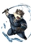  anthro bearwivme canine clothed clothing fur looking_at_viewer male mammal melee_weapon open_mouth overweight solo sword weapon 