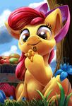  2017 apple apple_bloom_(mlp) applejack_(mlp) bucket butt cloud duo earth_pony equine female feral food friendship_is_magic fruit grass hair hair_bow hair_ribbon horse mammal micro my_little_pony pony ribbons sibling sisters smile tsitra360 young 