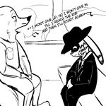  anthro canine clothed clothing disney duo fox hat jack_savage lagomorph mammal mask monochrome musical_note necktie rabbit replytoanons sitting size_difference suit text zootopia 