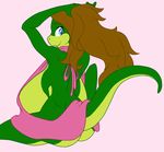  anthro big_breasts blue_eyes breasts brown_hair clothing female hair huge_breasts lizard reptile samantha_brooks sarcolopter scalie simple_background solo sweater 