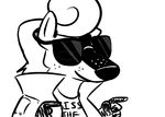  2017 anthro badger black_and_white clothed clothing disney english_text eyewear fan_character inkyfrog jacket male mammal monochrome mustelid pack_street pointing simple_background smile solo sunglasses t_rex_(weaver) text white_background zootopia 