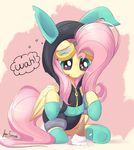  blue_eyes bugplayer clothed clothing dessert english_text equine eyewear female feral fluttershy_(mlp) food friendship_is_magic fur goggles hair hooves ice_cream mammal my_little_pony pegasus pink_hair solo text wings yellow_fur 