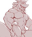  2016 abs anthro balls biceps digital_media_(artwork) dragon erection hair hi_res horn looking_at_viewer male miharushoka muscular muscular_male navel open_mouth pecs penis scalie sharp_teeth simple_background solo teeth tongue tongue_out white_background 
