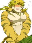  666yubazi abs anthro biceps blonde_hair blush covering covering_crotch covering_self embarrassed feline hair magan male mammal muscular nipples open_mouth pecs pink_nipples pink_nose simple_background solo teeth text tiger tokyo_afterschool_summoners tongue white_background yellow_sclera 