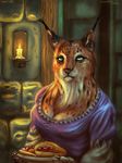  2016 absurd_res alekksandar anthro blue_eyes breasts candle carrot cleavage clothed clothing ear_tuft feline female food fruit fur hi_res inside looking_at_viewer lynx mammal multicolored_fur solo tomato tuft vegetable whiskers 