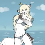  anthro bikini breasts canine clothing crown excitedcargoyle female mammal nipples open_mouth outside sheer_clothing smile solo standing swimsuit translucent transparent_clothing 