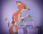  2017 alcohol anthro beverage blush breasts buckteeth canine clothed clothing disney female fingerless_gloves flat_chested fox gloves judy_hopps lagomorph legwear looking_pleasured male male/female mammal nick_wilde panties panties_around_one_leg pants_down partially_clothed penetration purple_background pussy_juice rabbit sex side_view simple_background teeth thigh_highs underwear vaginal vaginal_penetration wine yitexity zootopia 